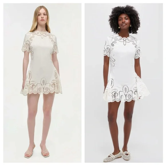 SIMKHAI Ivory Morrigan Short Sleeve Mini Dress. Models is wearing size 2. - Picture 1 of 8